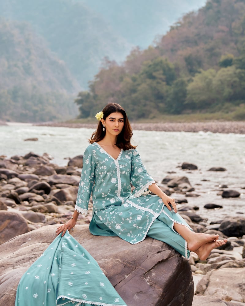 Blue Cotton Embroidered Kurta Set with Dupatta