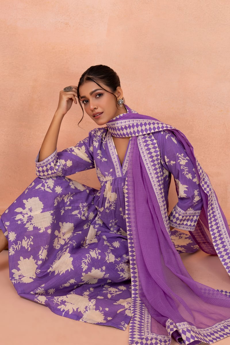 Purple Floral Printed Cotton Kurta Set with Dupatta — CHHIPA JAIPUR