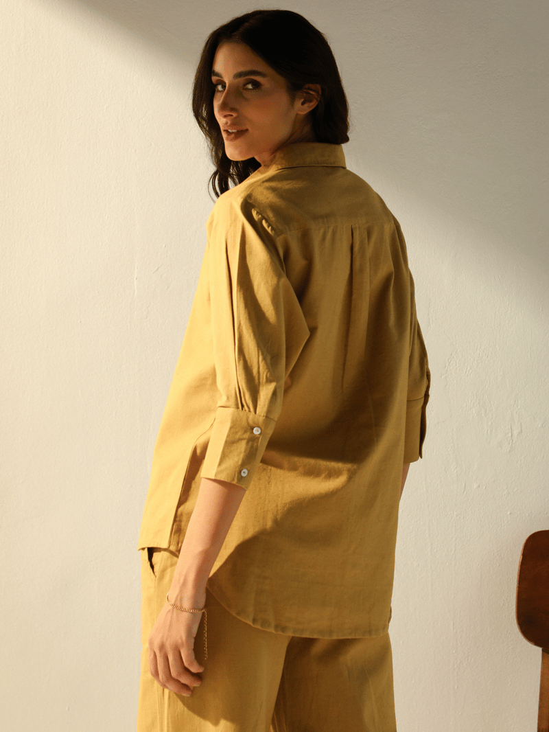 Caramel Cotton-Linen Shirt and Pants Co-ord Set