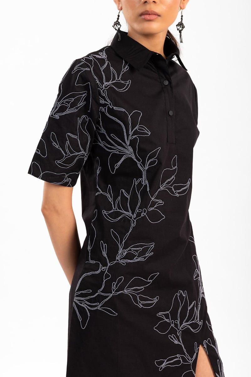Black Embroidered Collared Midi Dress with Front Slit