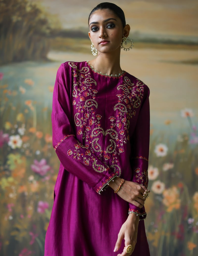 Aubergine Embroidered Straight Kurta Set with Dupatta