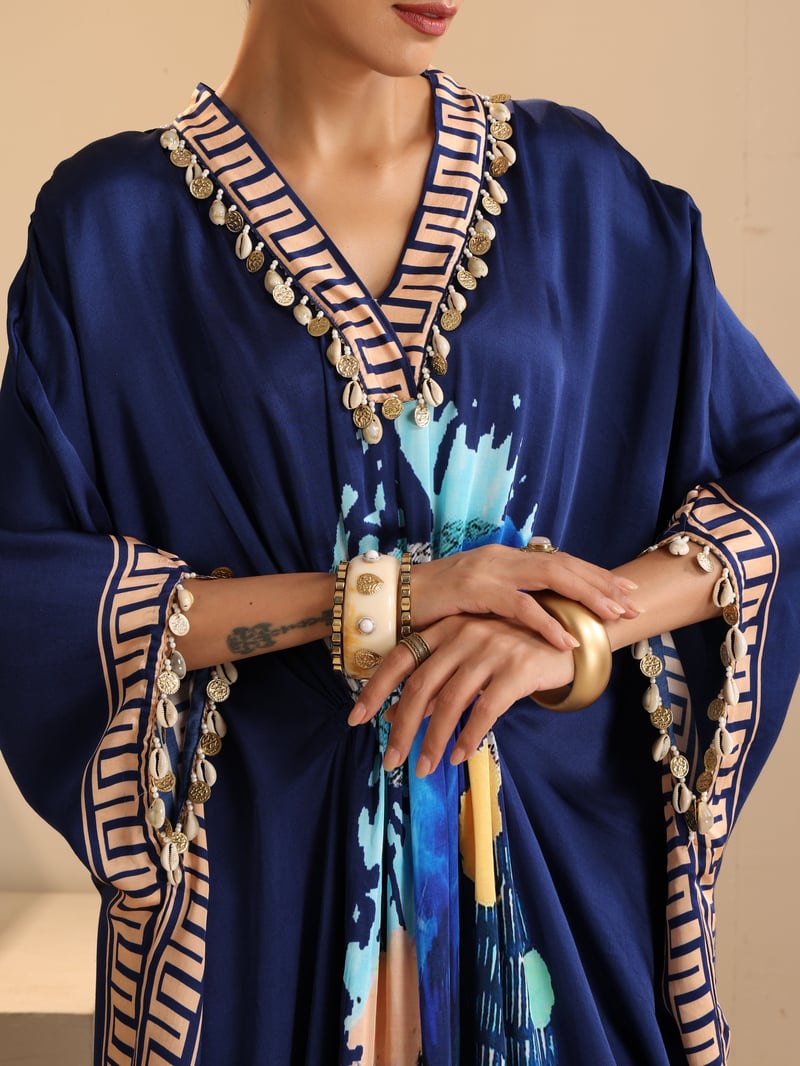 Blue Hand-Painted Abstract Modal Satin Kaftan