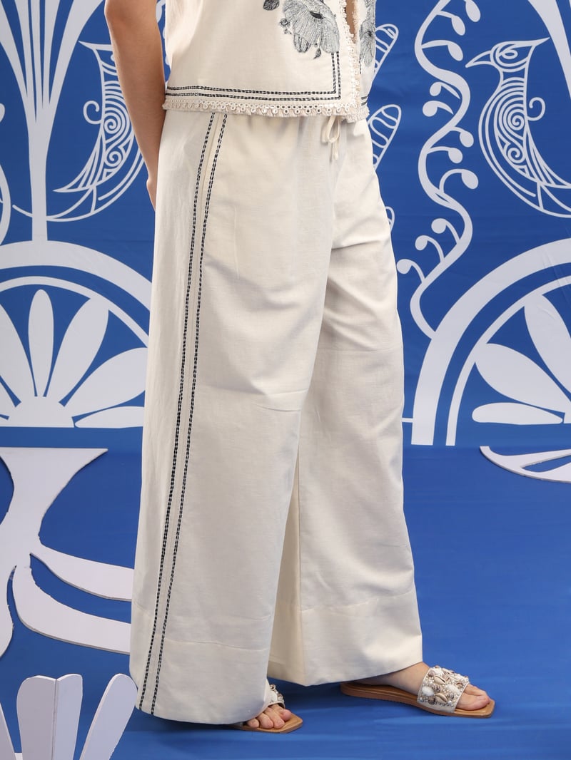 Off-White Embroidered Sleeveless Jacket and Pants Co-ord