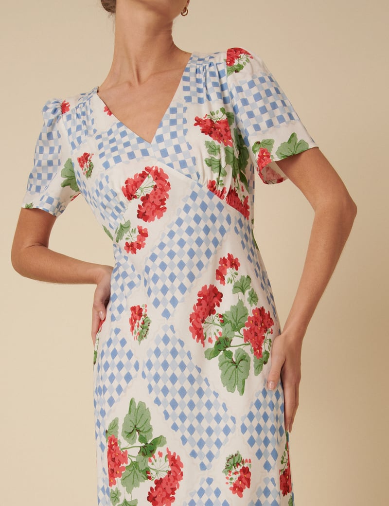 Blue Tile Print Floral V-Neck Midi Dress