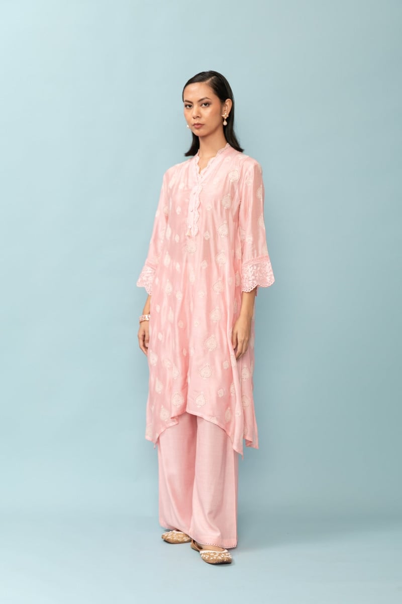 Baby Pink Asymmetric Embroidered Kurta Set