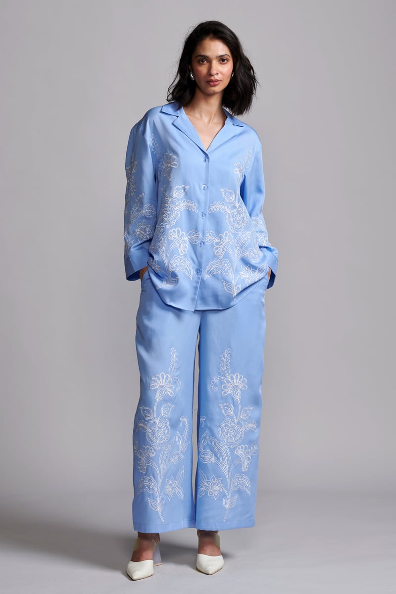 Pastel Blue Tencel Placement Embroidered Relaxed Fit Shirt