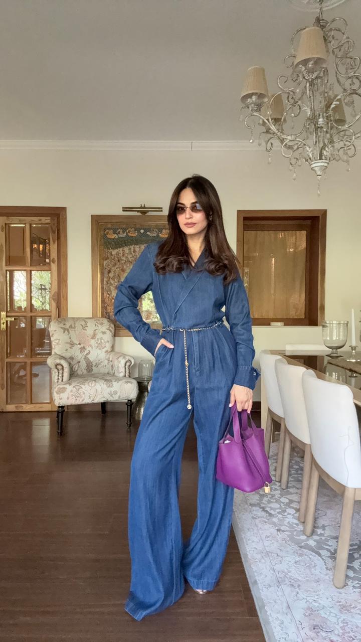 Dark Wash Wrap V-Neck Wide-Leg Jumpsuit