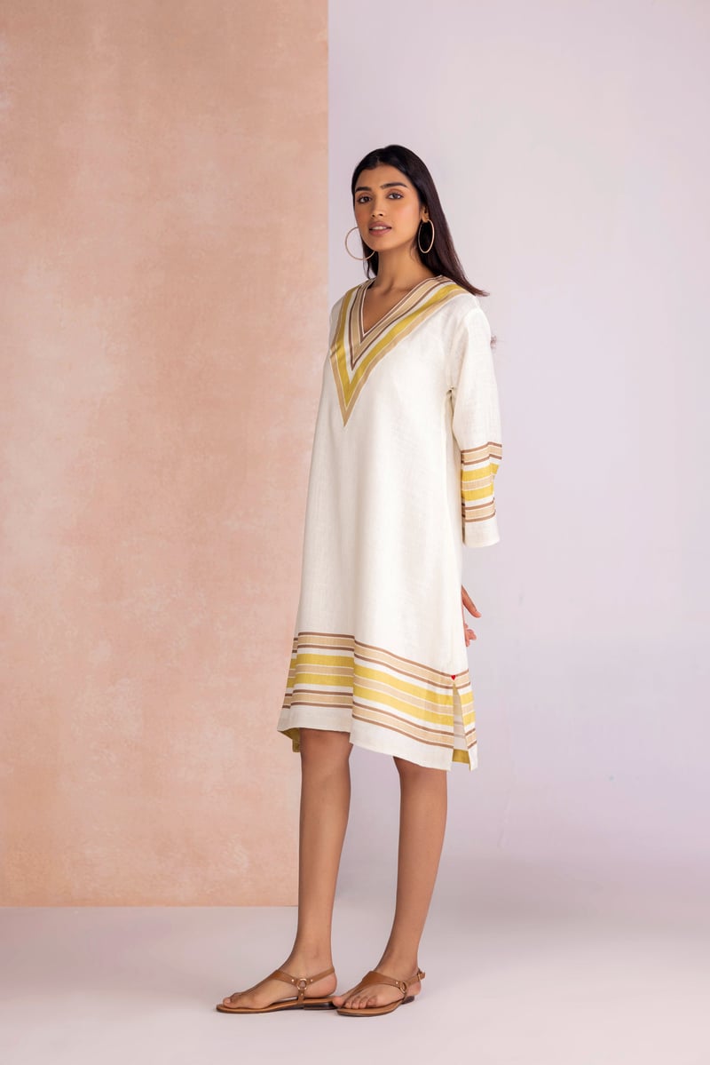 Earth Linen-Blend V-Neck Stripe Border Knee-Length Dress