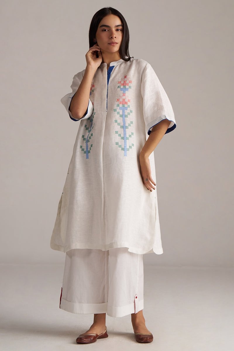 White Linen Embroidered Kurta and Pants Co-ord Set