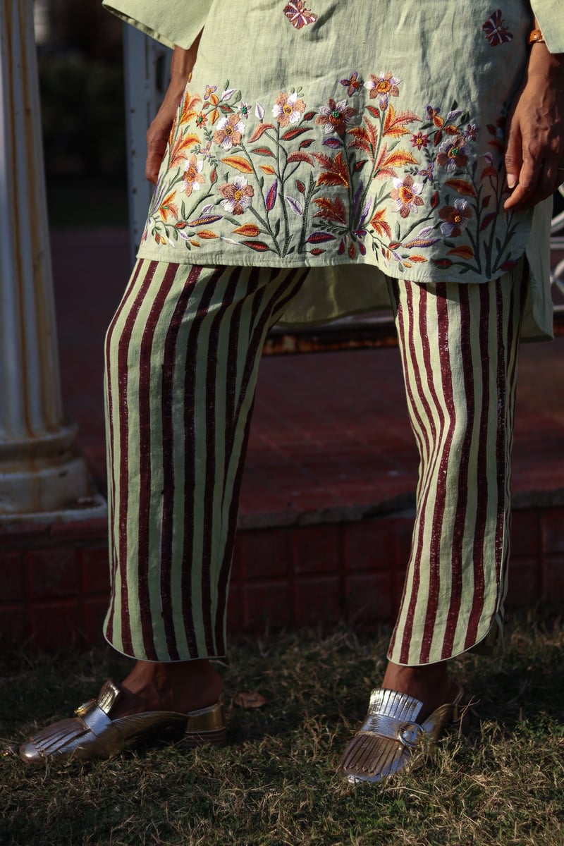 Green Linen Embroidered Tunic and Striped Pants Co-ord Set