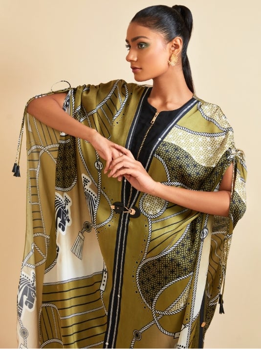 Olive Green Printed Cape Top and Pants Co-ord Set