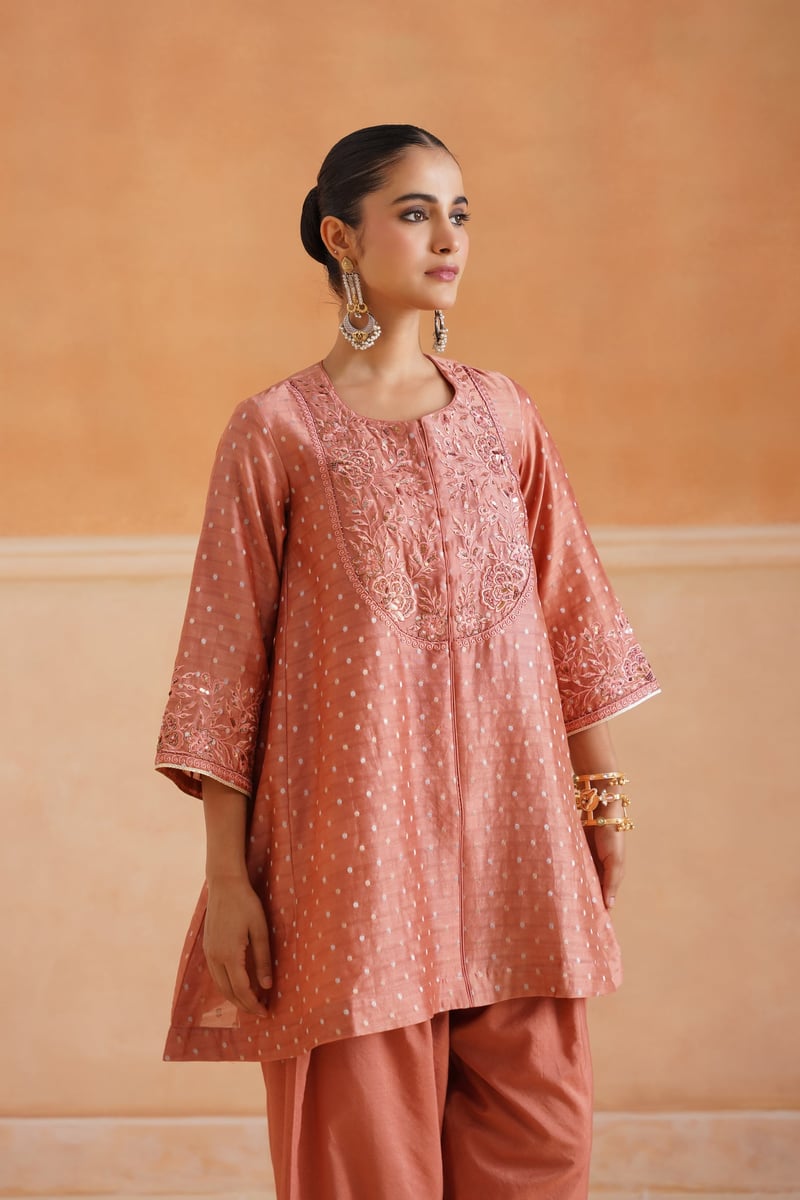 Peach Blush Embroidered Chanderi Kurta Set with Dupatta