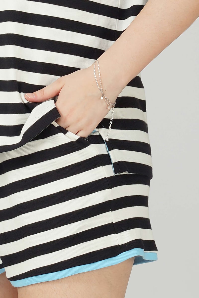 Black and White Striped Polo T-shirt and Shorts Co-ord Set