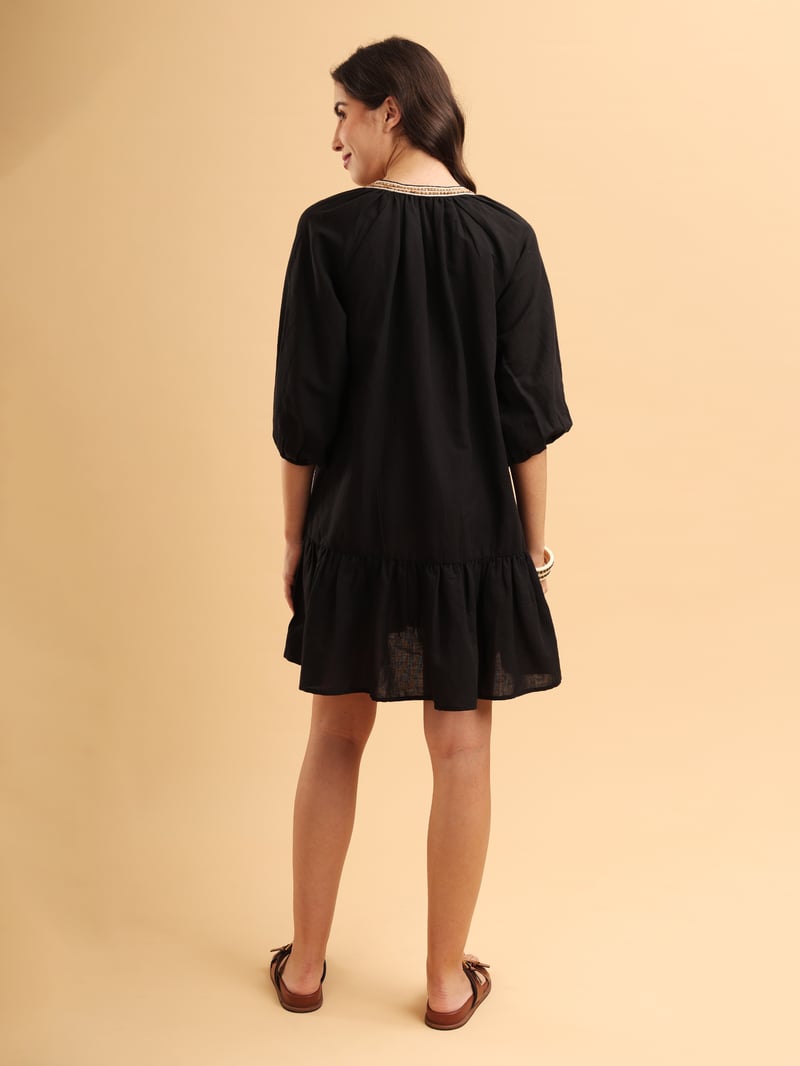 Black Tiered Mini Dress with Embroidered V-Neck