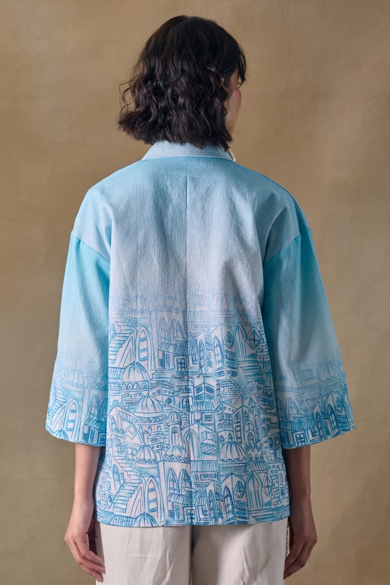 Blue Landscape Printed Relaxed Fit Kimono Shirt