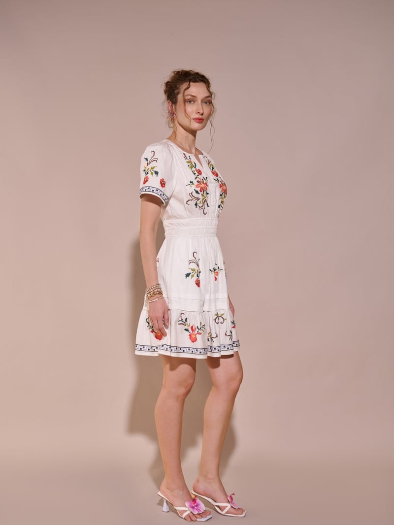 White Cotton Floral Embroidered Tiered Knee-Length Dress
