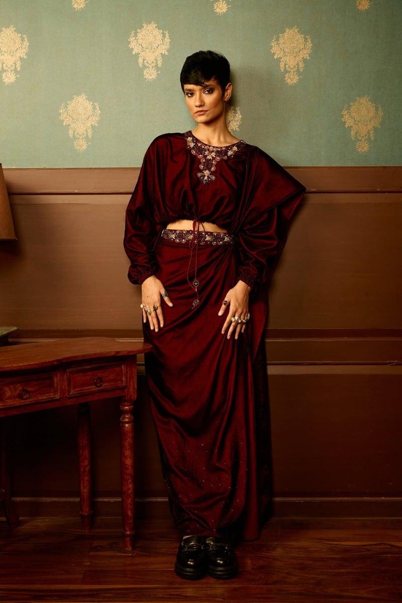 Maroon Micro Velvet Drape Maxi Skirt with Side Slit