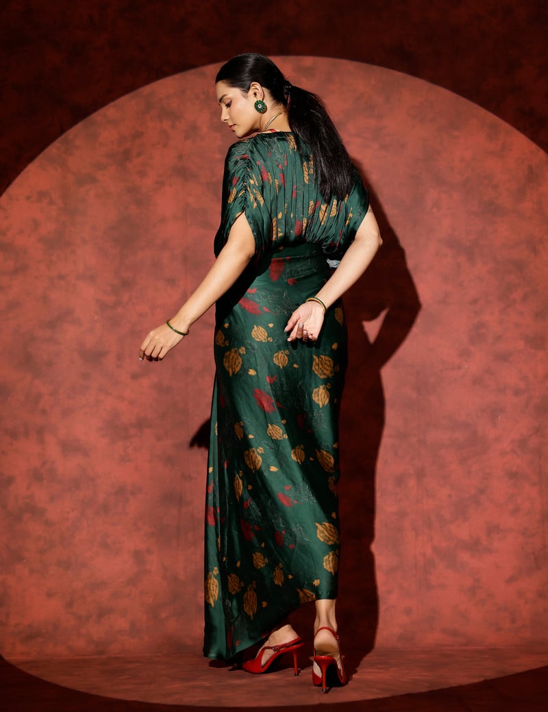 Bottle Green Floral Plunging Kaftan Maxi Gown
