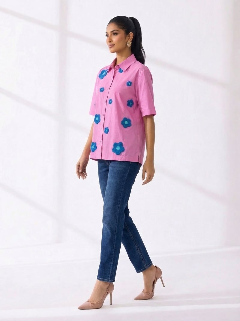 Pink Boxy Fit Floral Applique Button-Down Shirt