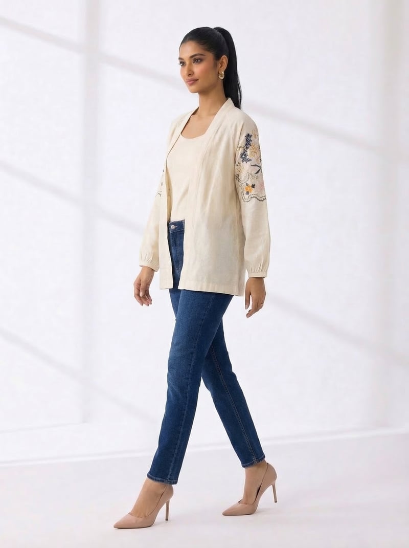 Cream Denim Open-Front Shrug with Sleeve Embroidery