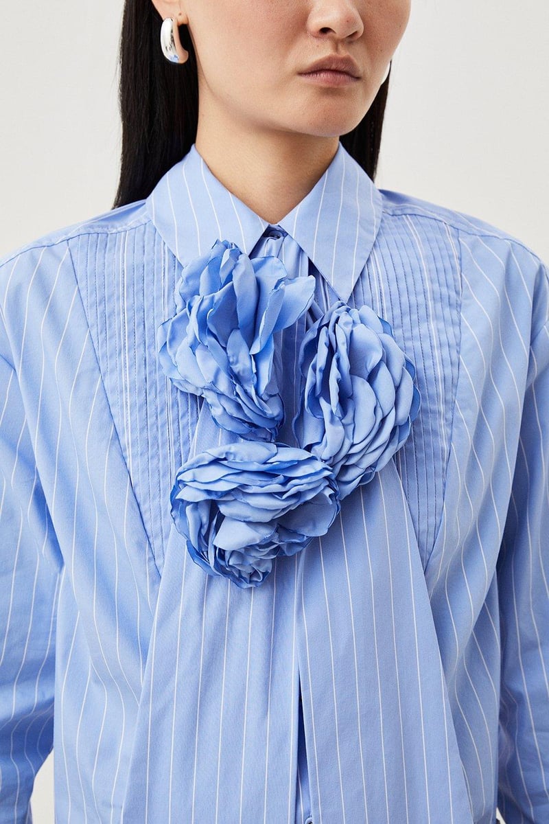 Blue Striped Cotton Shirt with Rosette Tie Neck