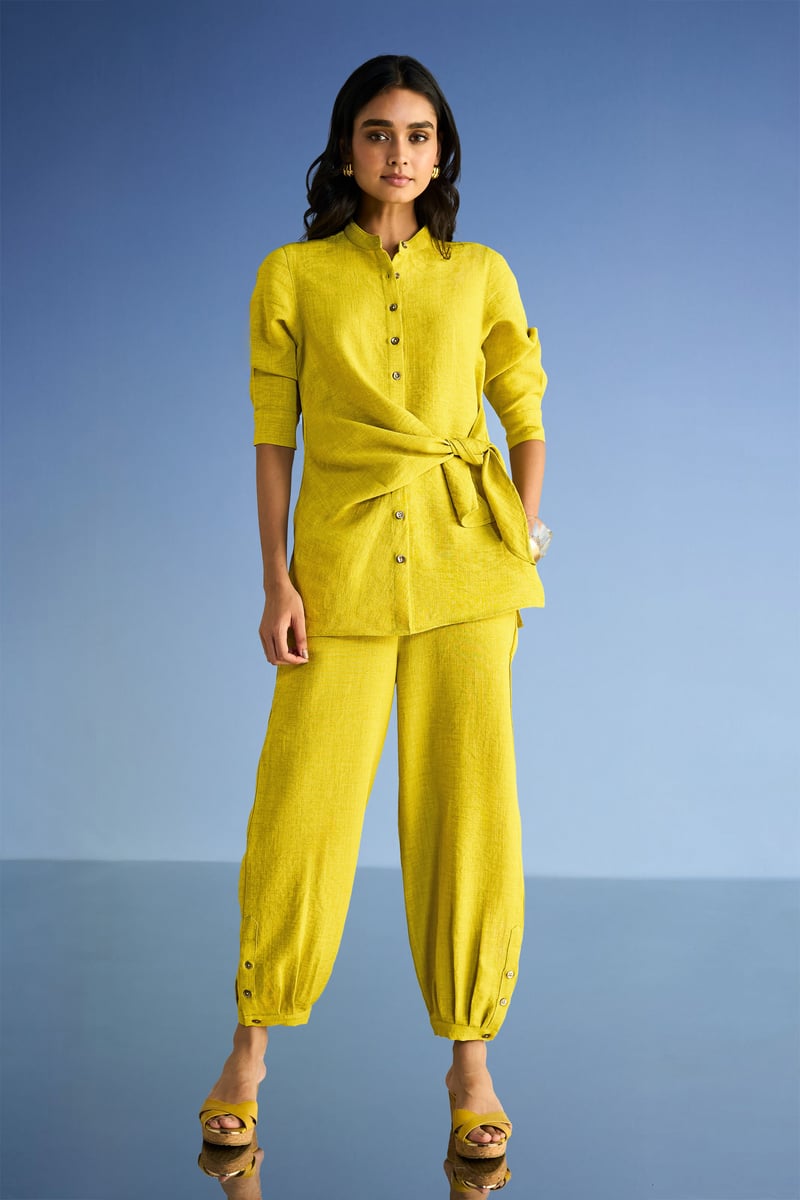 Chartreuse Linen-Blend Relaxed Fit Pleated Cuff Trousers