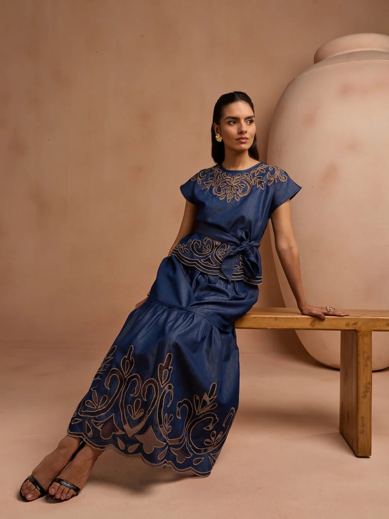Blue Cotton Denim Cutwork Embroidered Belted Top