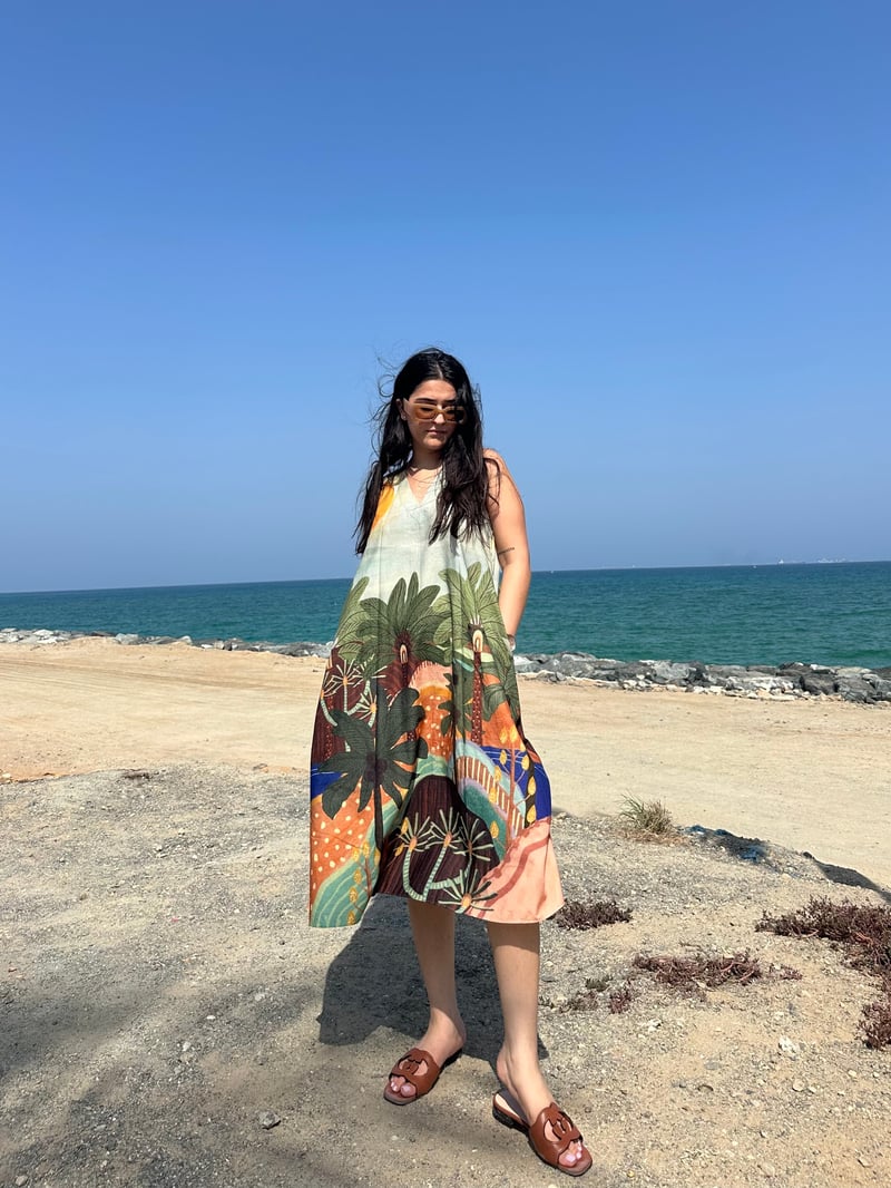 Sage Green Printed Cotton A-Line Midi Dress with Pockets