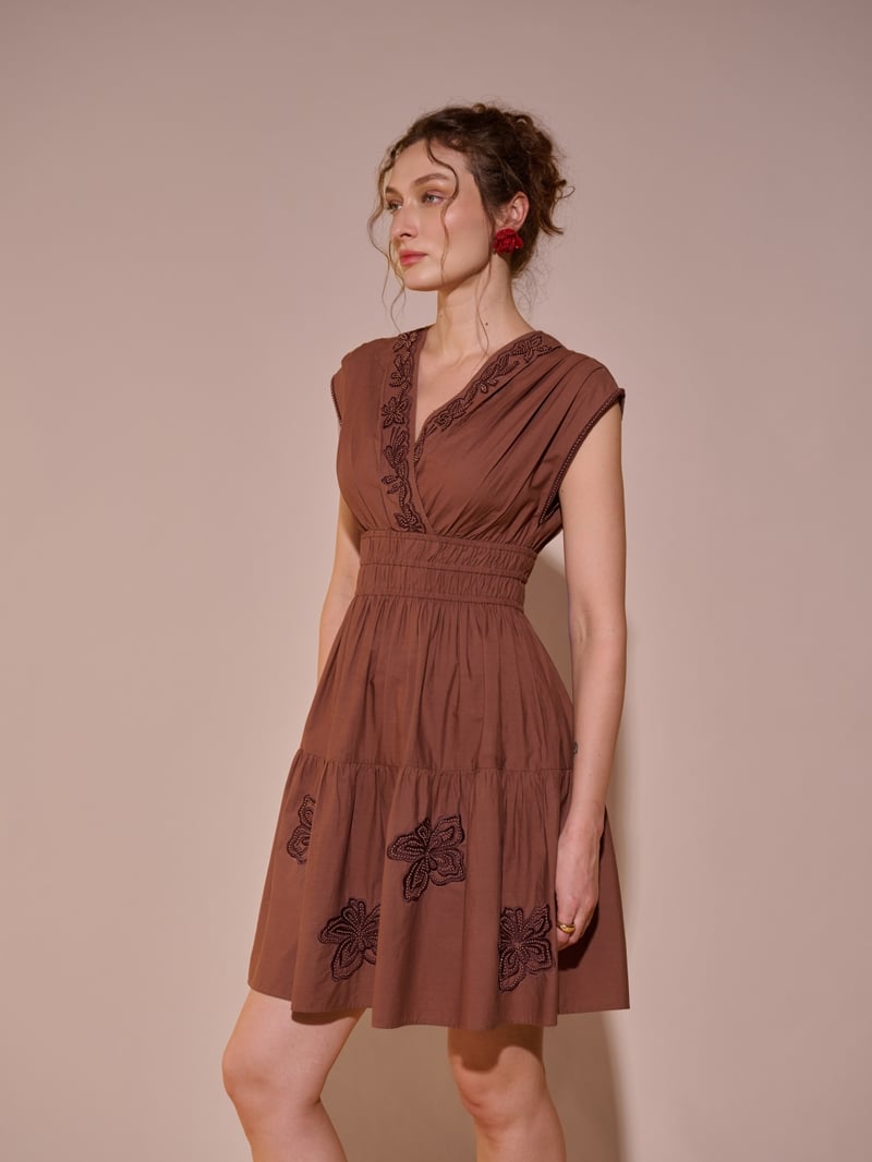 Brown Cotton Embroidered Fit and Flare Mini Dress