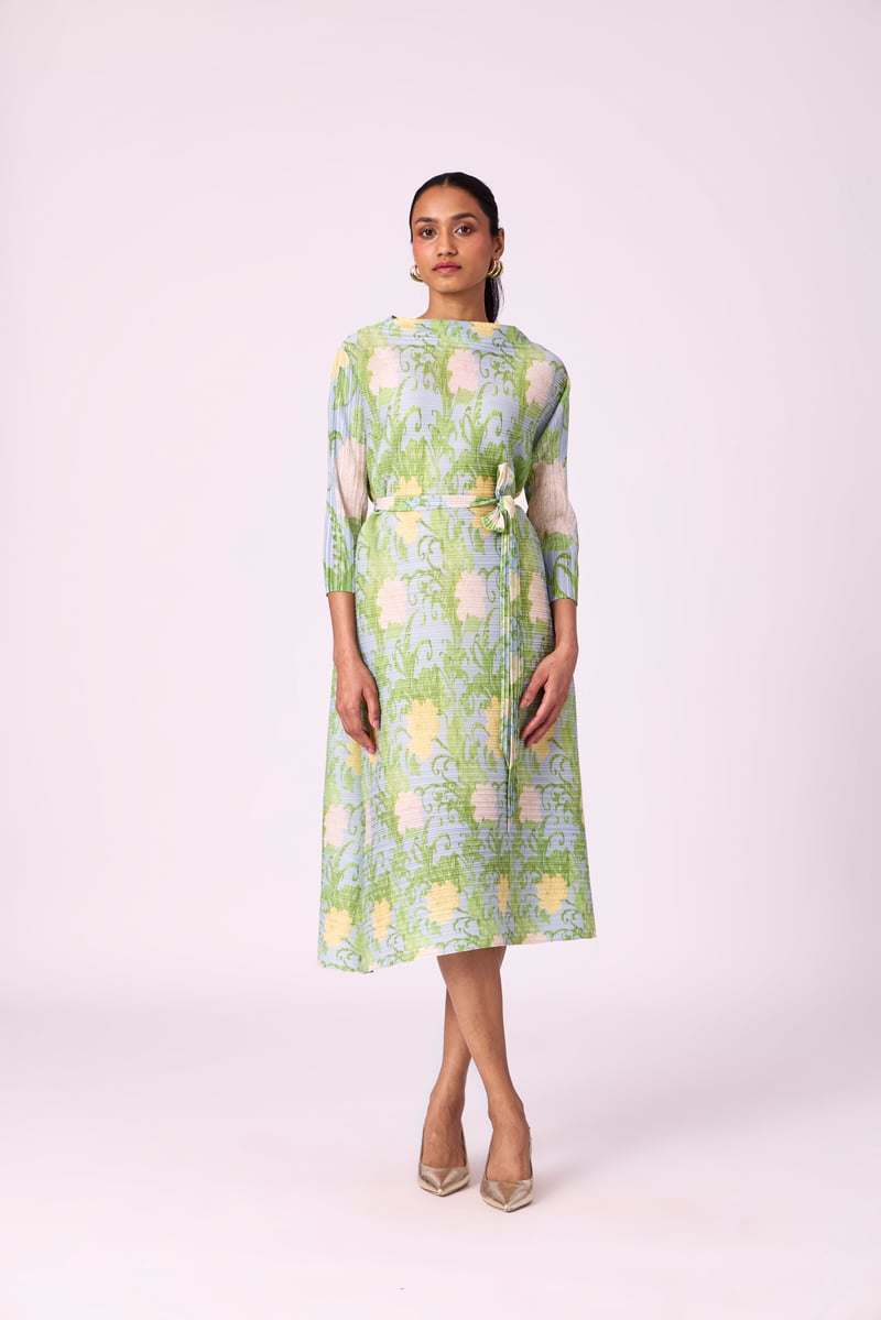 Light Blue Pleated Floral Midi Dress with Belt