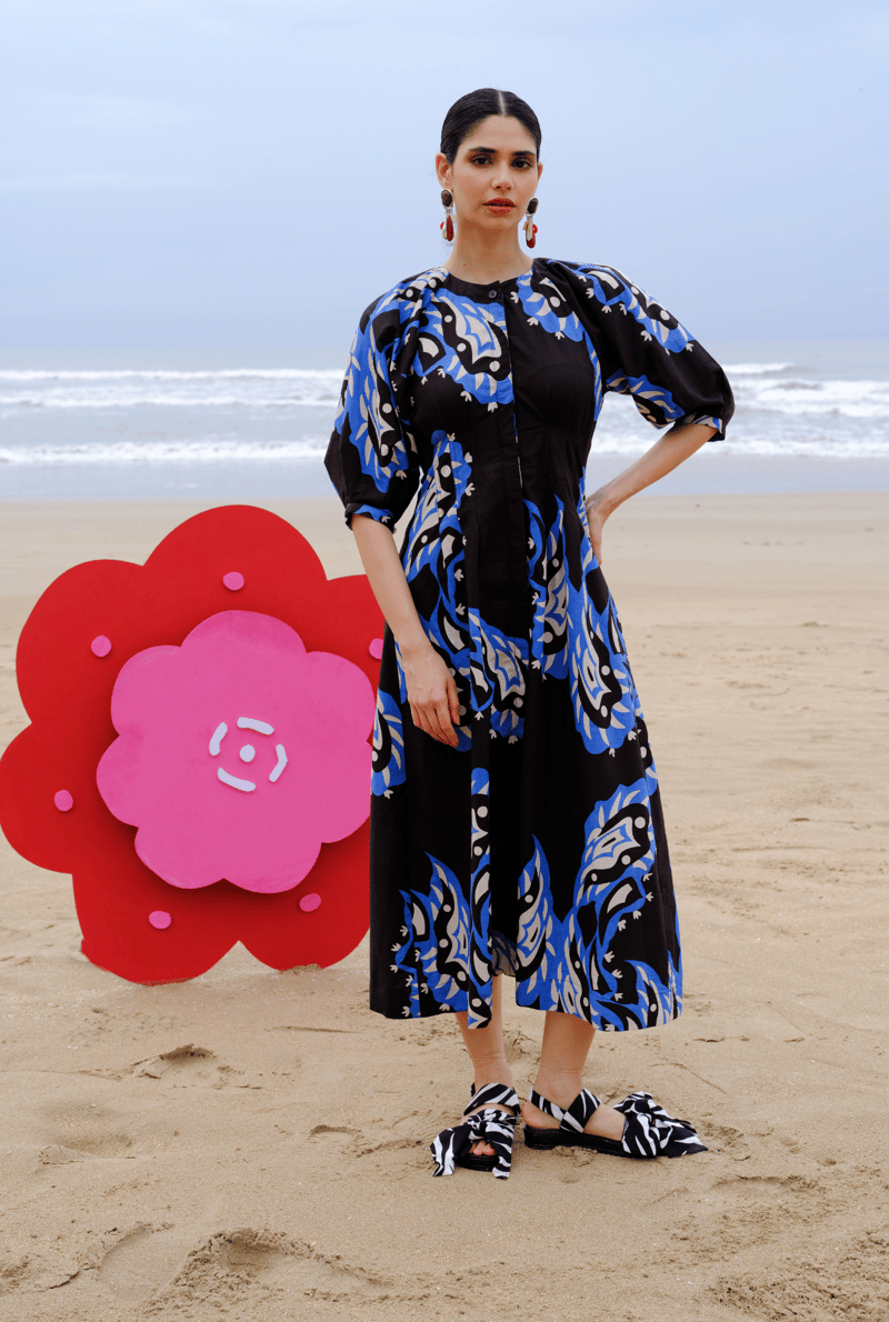 Black and Blue Abstract Print Fit and Flare Midi Dress