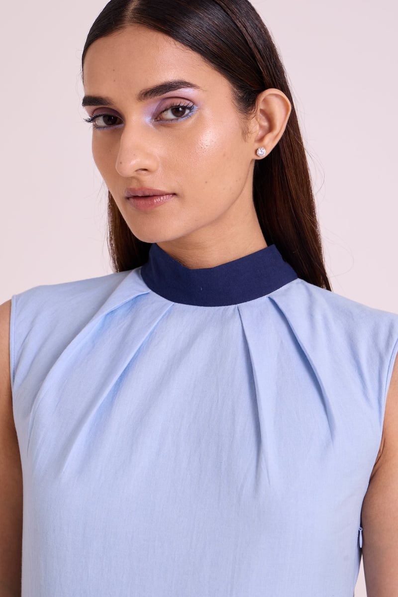 Ice Blue and Navy Colorblock Asymmetrical Midi Dress