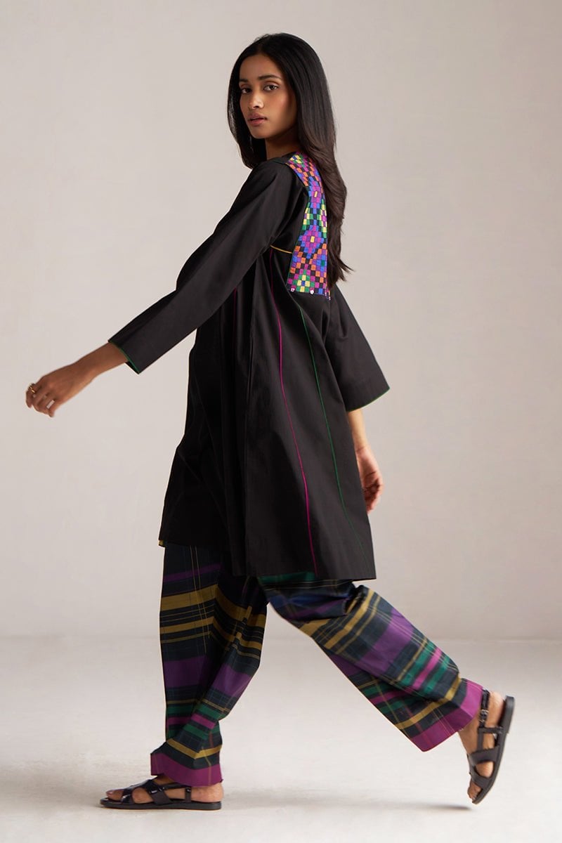 Black Kurta and Multicolour Checked Salwar Co-ord Set