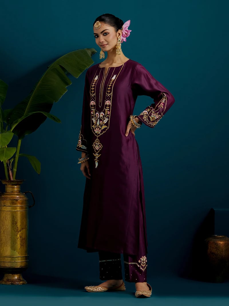 Purple Silk Chanderi A-Line Yoke Embroidered Kurta