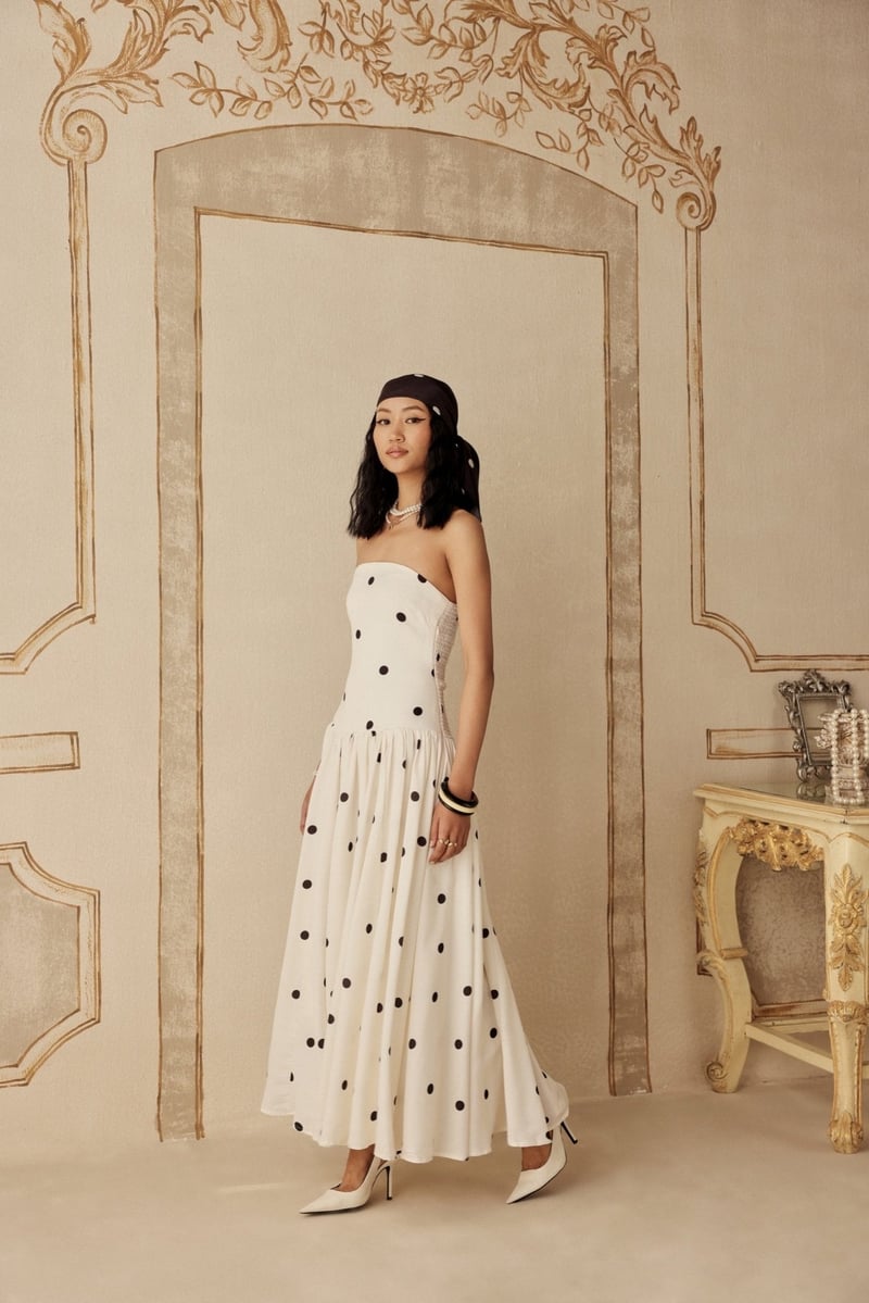 Ivory Polka Dot Strapless Tiered Midi Dress