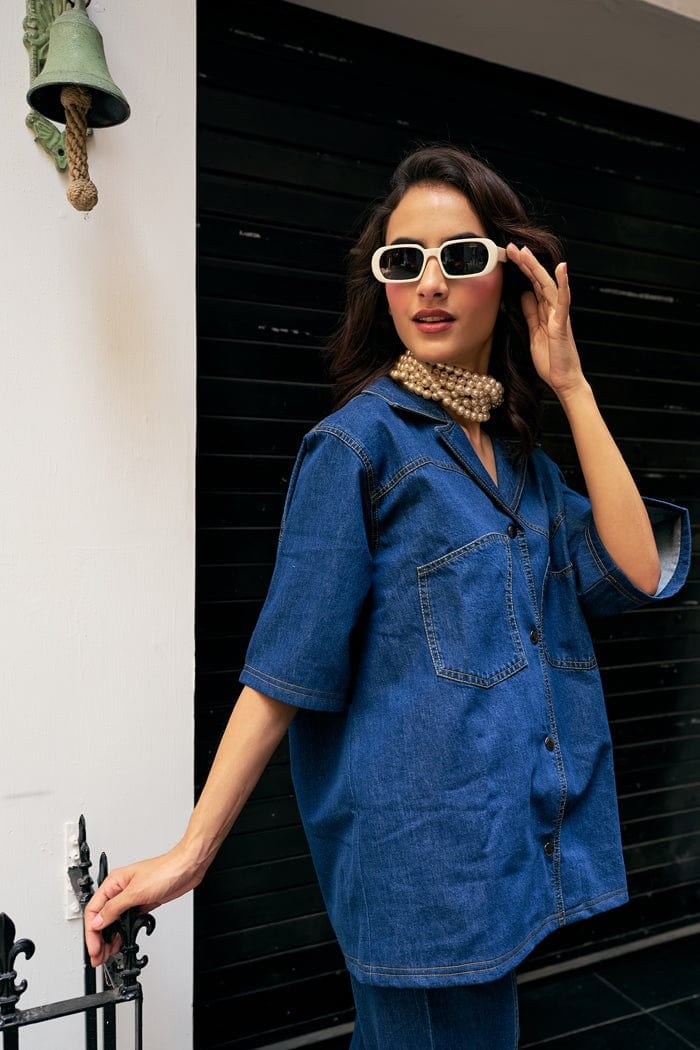 Dark Blue Denim Oversized Shirt and Pants Co-ord Set