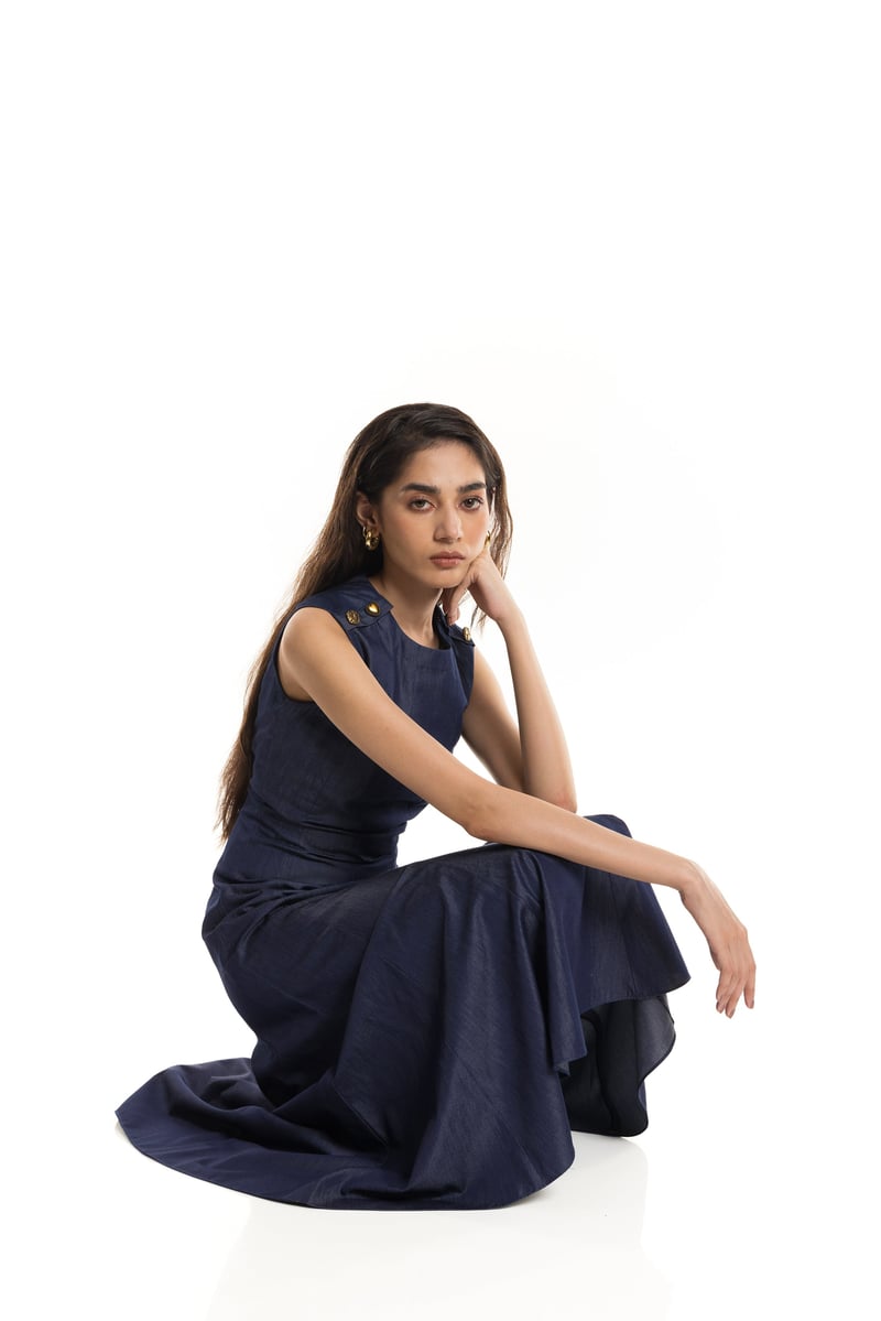 Denim Blue Sleeveless Fit and Flare Midi Dress
