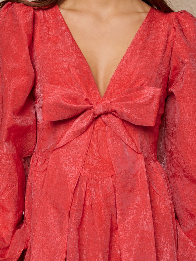 Red V-Neck Bow Detail Tiered Midi Dress
