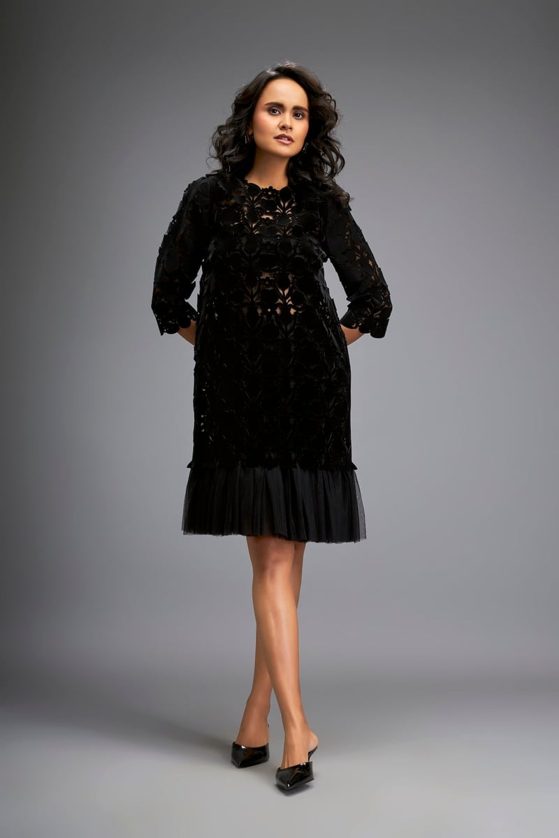 Black Cutwork Shift Dress with Sheer Net Hem