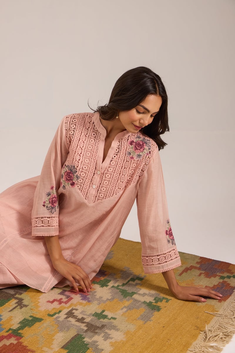 Pink Mul Chanderi Tunic and Straight Pant Co-ord Set