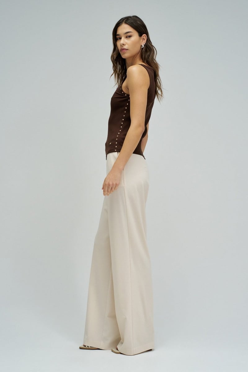 Medium Brown Ribbed Stud-Trim Scoop Neck Tank Top