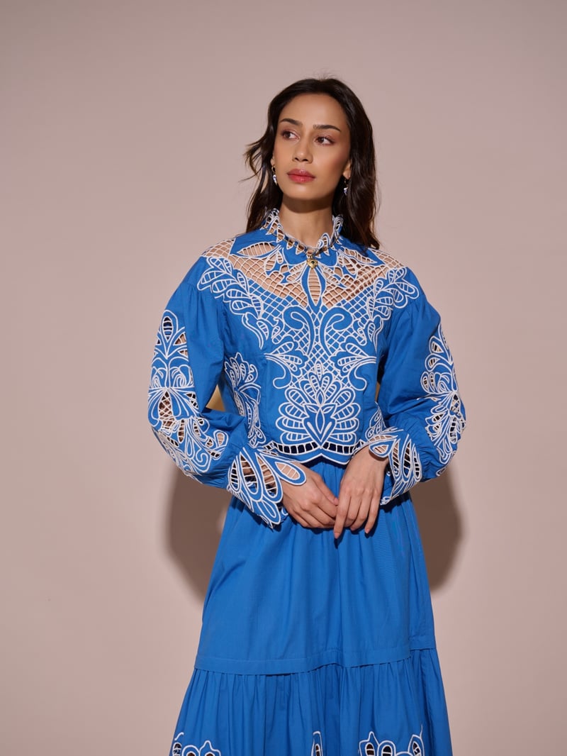 Blue Cotton Cutwork Embroidered Crop Top