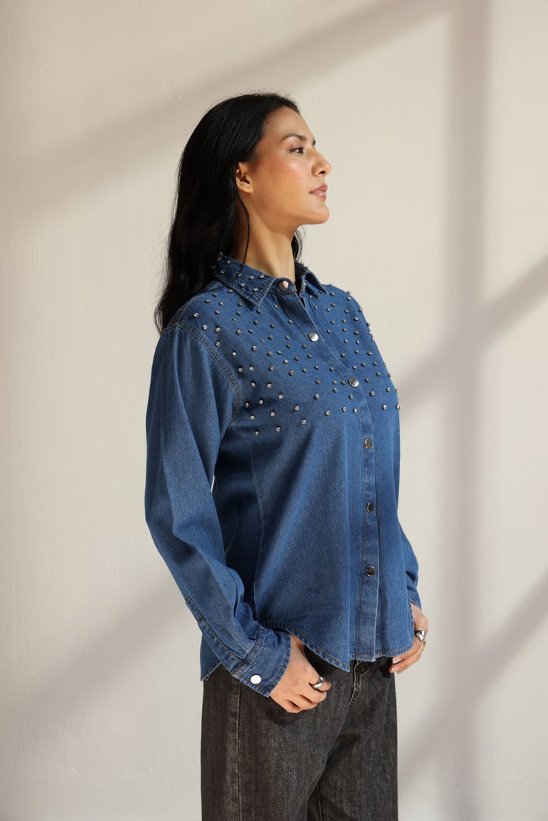 Blue Studded Denim Snap-Button Shirt