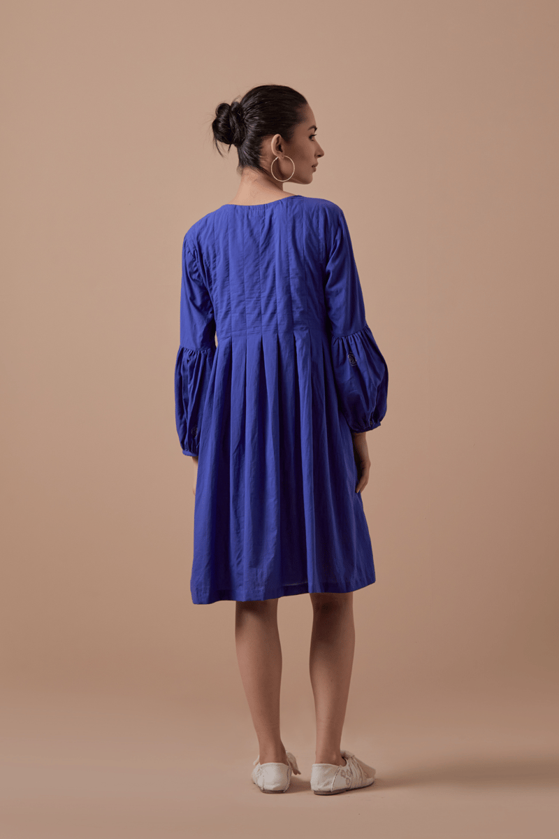 Royal Blue Handwoven Cotton Fit and Flare Knee-Length Dress