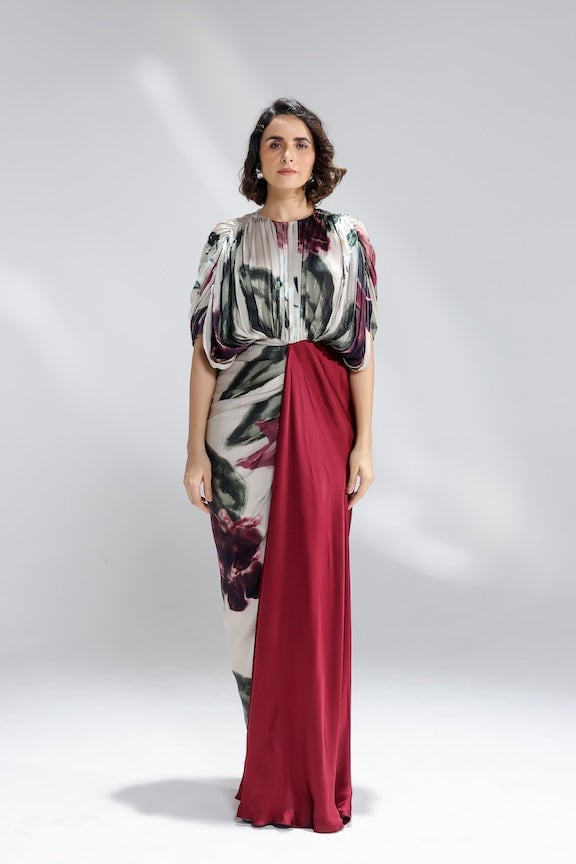 Beige Floral Draped Maxi Gown with Contrast Panel