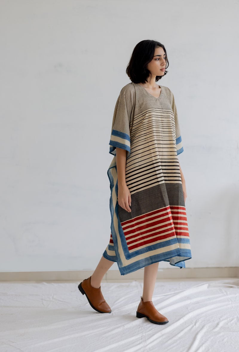 Multicolor Striped Cotton Kaftan Dress with V-Neck