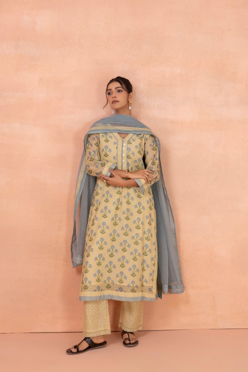 Yellow Floral Printed Straight Kurta Set with Dupatta — CHHIPA JAIPUR