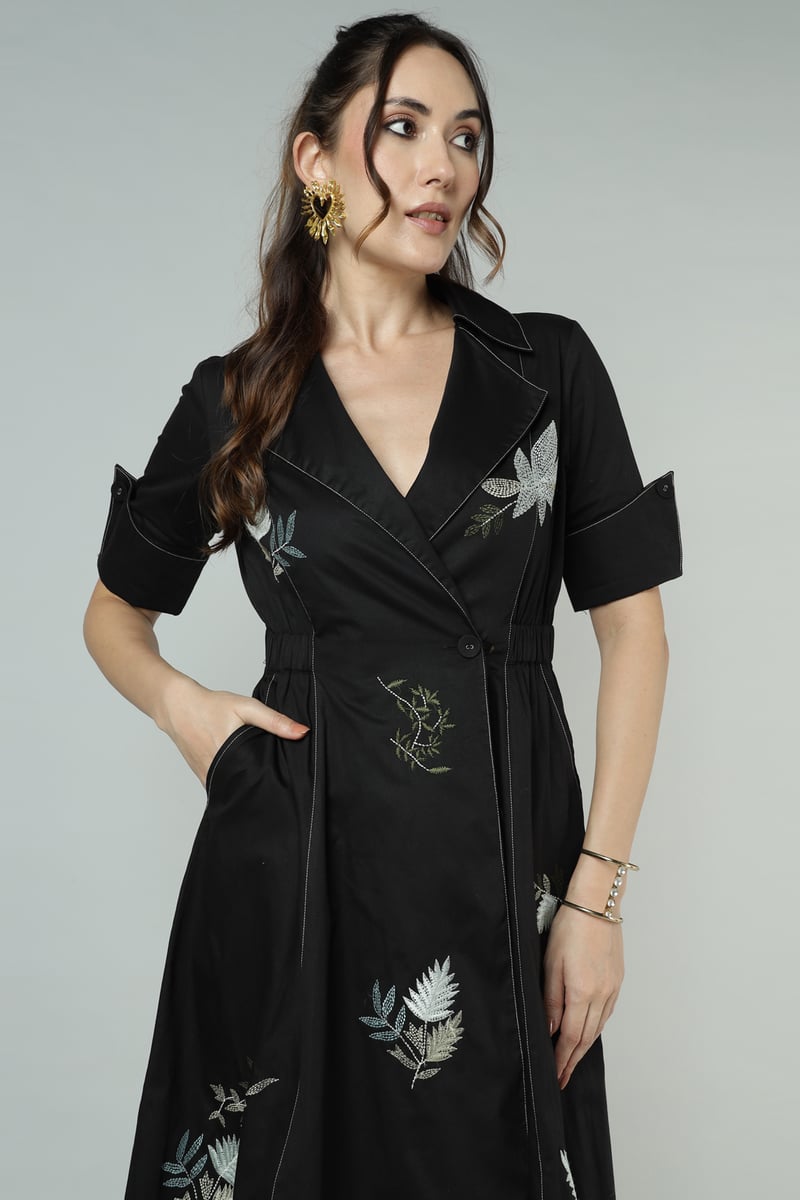 Black Suiting Wrap Midi Dress with Botanical Embroidery