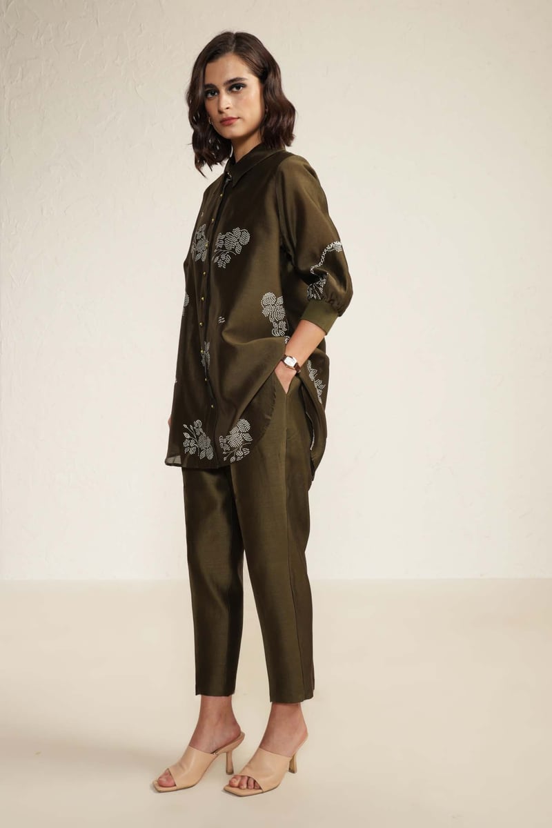 Olive Silk Chanderi Embroidered Shirt and Pant Co-ord Set