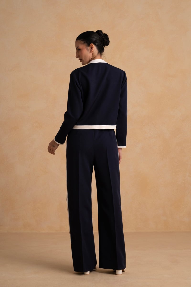 Navy Blue Contrast Trim Co-ord Set with Wide-Leg Pants